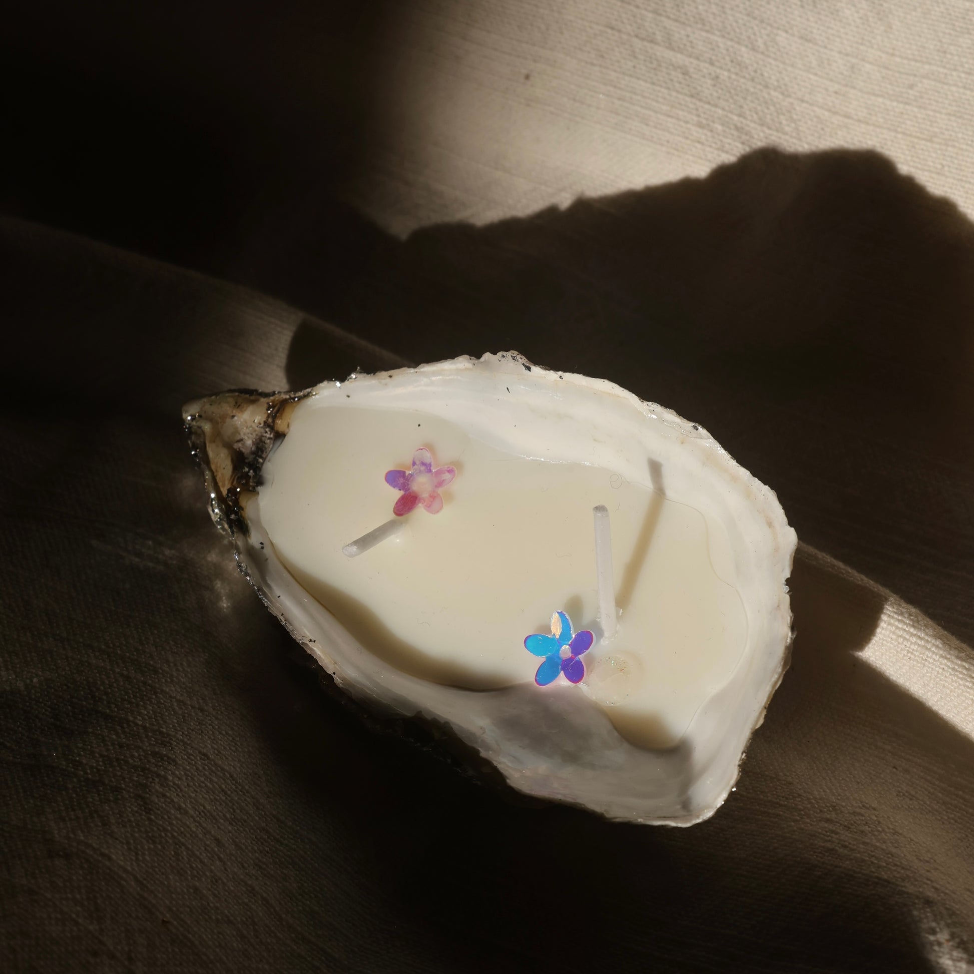 Seashell candle with glitter flowers and soft shadows by Lily Glow Home Decor
