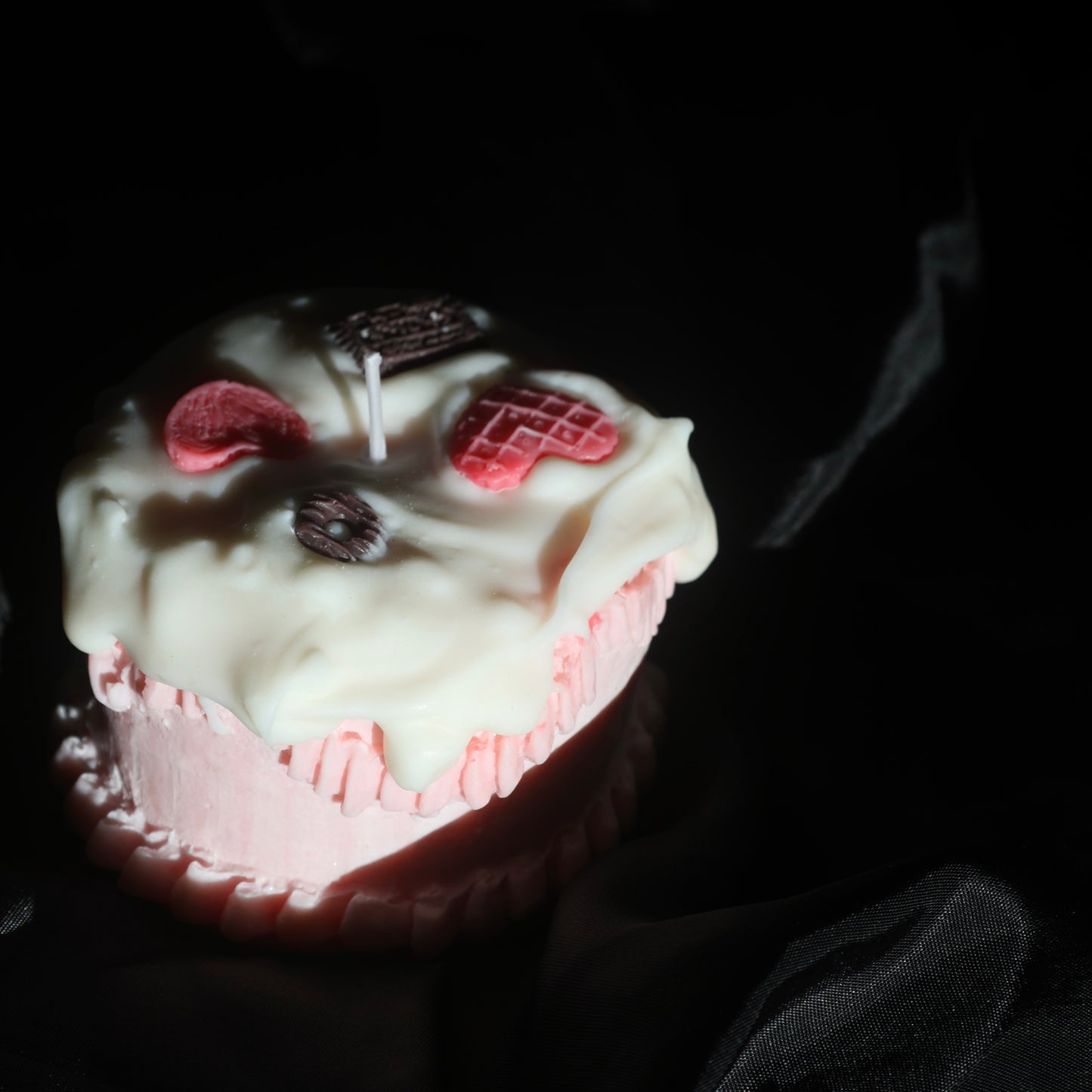 Playful candle shaped like a heart cake with sweet-inspired toppings by Lily Glow Home Decor