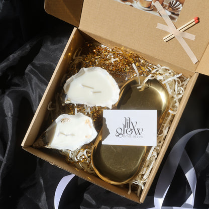 Gift box with two seashell candles and a golden candleholder from Lily Glow Home Decor
