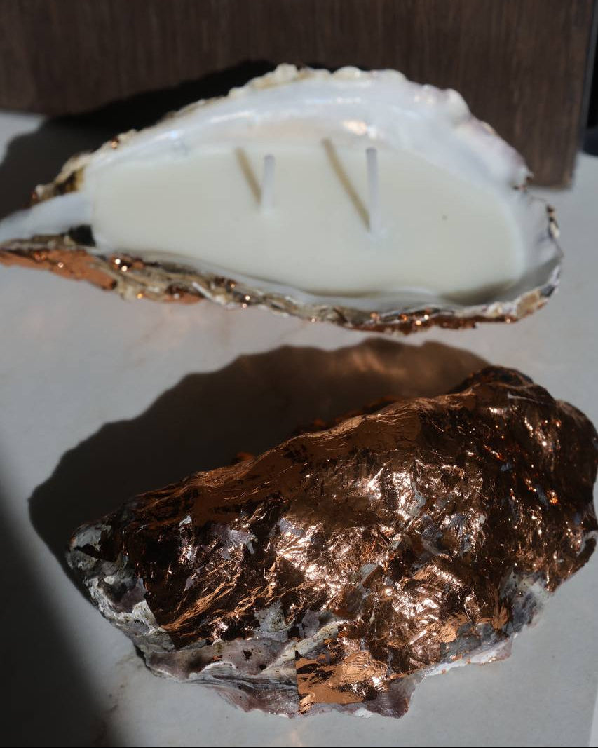 Oyster shell with a piece of copper foil inside on a white surface.