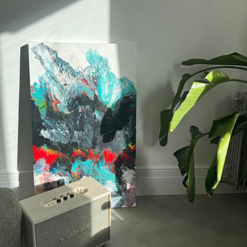 Abstract fluid art painting in black, red, turquoise, and white tones – Lily Glow Home Decor