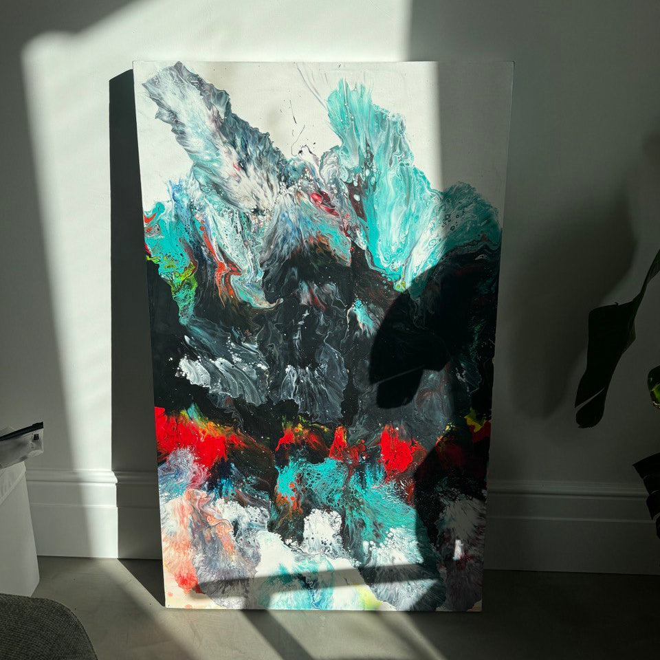 Abstract fluid art painting in black, red, turquoise, and white tones – Lily Glow Home Decor