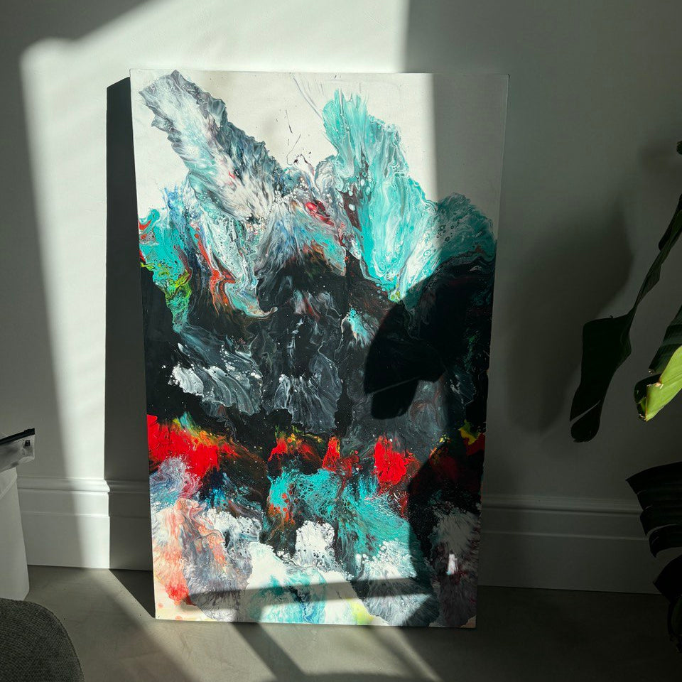 Abstract fluid art painting in black, red, turquoise, and white tones – Lily Glow Home Decor