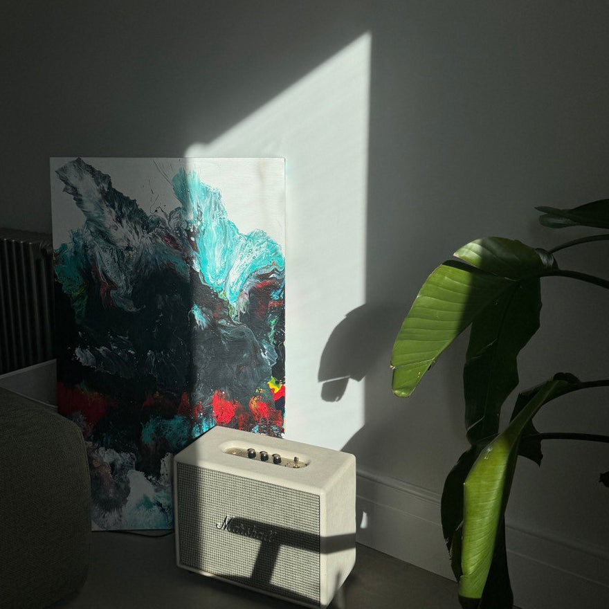 Abstract fluid art painting in black, red, turquoise, and white tones – Lily Glow Home Decor