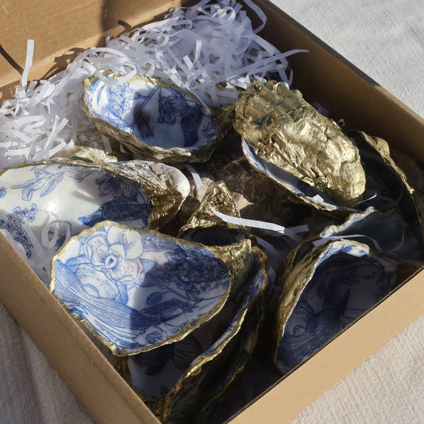 Hand-painted oyster shell dish with blue botanical pattern and gold trim – Lily Glow Home Decor