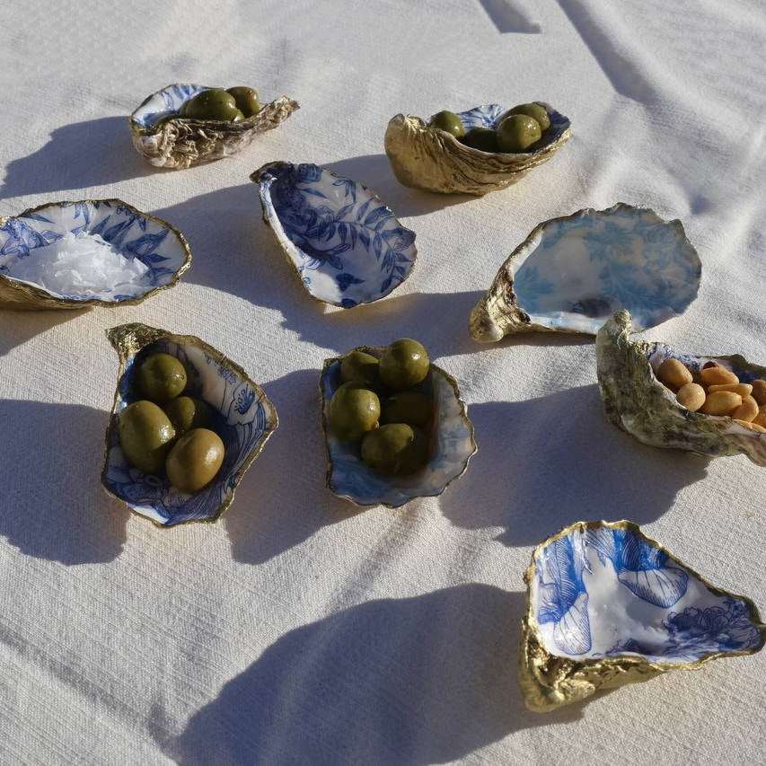 Hand-painted oyster shell dish with blue botanical pattern and gold trim – Lily Glow Home Decor