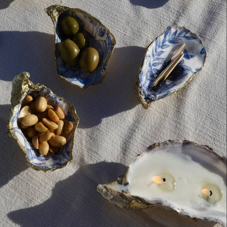 Hand-painted oyster shell dish with blue botanical pattern and gold trim – Lily Glow Home Decor