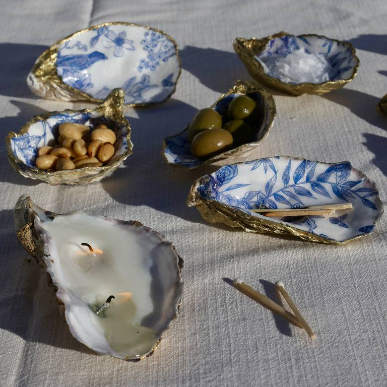 Hand-painted oyster shell dish with blue botanical pattern and gold trim – Lily Glow Home Decor