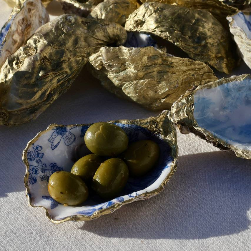 Hand-painted oyster shell dish with blue botanical pattern and gold trim – Lily Glow Home Decor