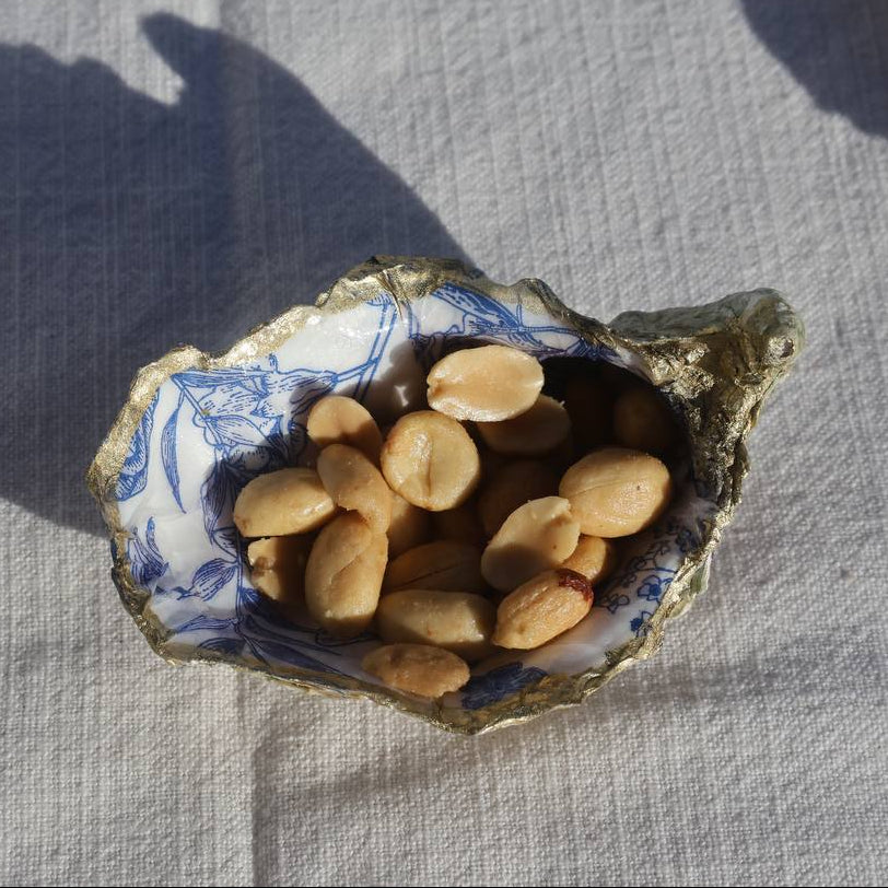 Hand-painted oyster shell dish with blue botanical pattern and gold trim – Lily Glow Home Decor