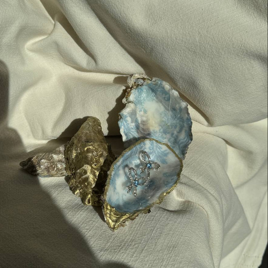 Hand-painted oyster shell dish with blue botanical pattern and gold trim – Lily Glow Home Decor