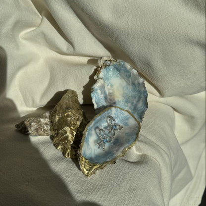 Hand-painted oyster shell dish with blue botanical pattern and gold trim – Lily Glow Home Decor