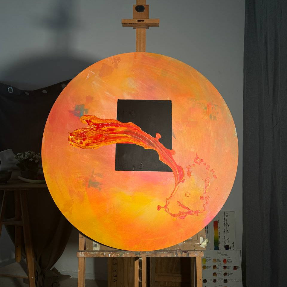 Circular abstract painting with black square and red-orange motion by Lily Glow Home Decor