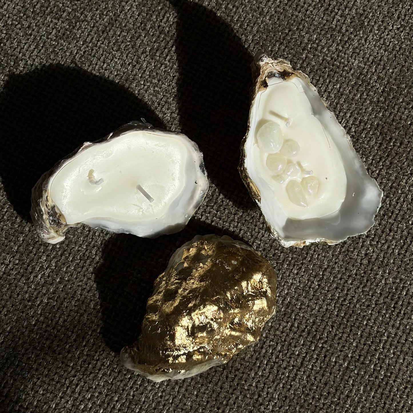 Handmade soy wax candle in a real oyster shell with two wicks – Lily Glow Home Decor