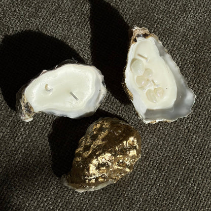 Gold-edged oyster shell candle with iridescent wax pearls – Lily Glow Home Decor