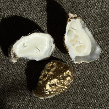 Handmade soy wax candle in a real oyster shell with two wicks – Lily Glow Home Decor