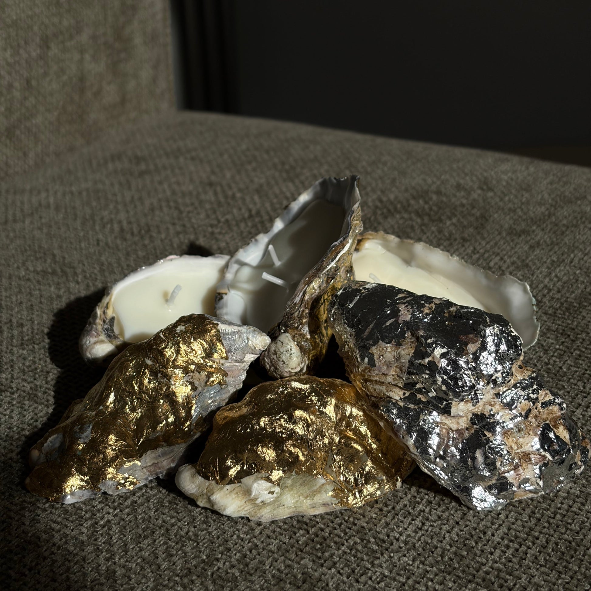 Handmade soy wax candle in a real oyster shell with two wicks – Lily Glow Home Decor