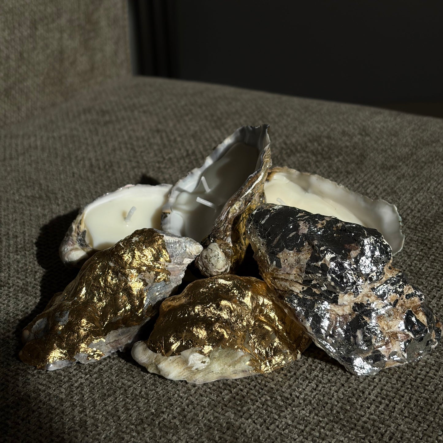 Handmade soy wax candle in a real oyster shell with two wicks – Lily Glow Home Decor