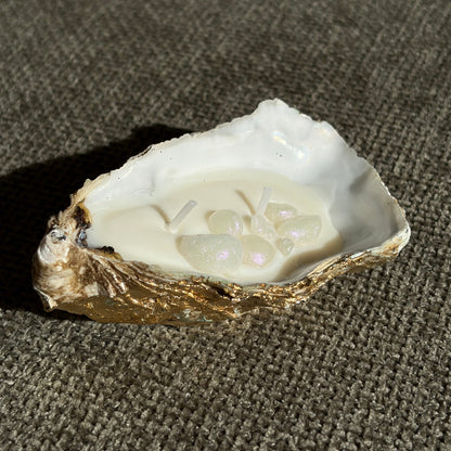 Gold-edged oyster shell candle with iridescent wax pearls – Lily Glow Home Decor