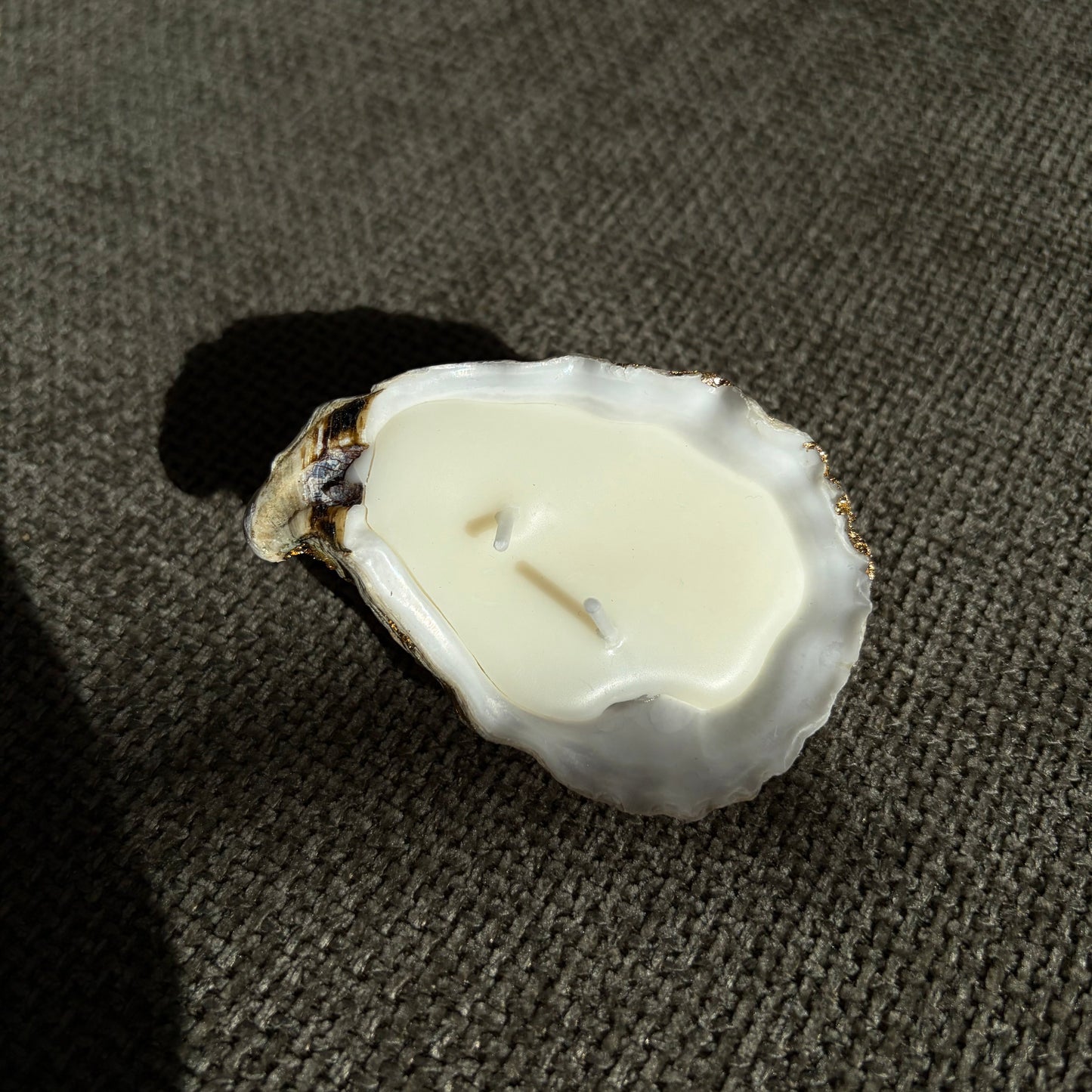 Handmade soy wax candle in a real oyster shell with two wicks – Lily Glow Home Decor