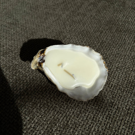 Handmade soy wax candle in a real oyster shell with two wicks – Lily Glow Home Decor