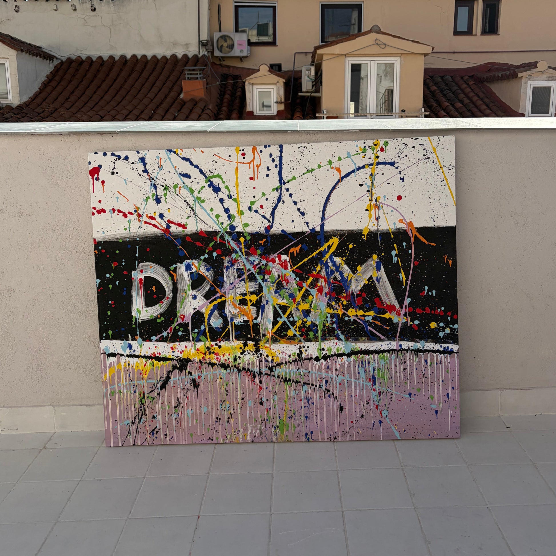 Large colorful abstract painting with word "DREAM" and bold splashes – Lily Glow Home Decor
