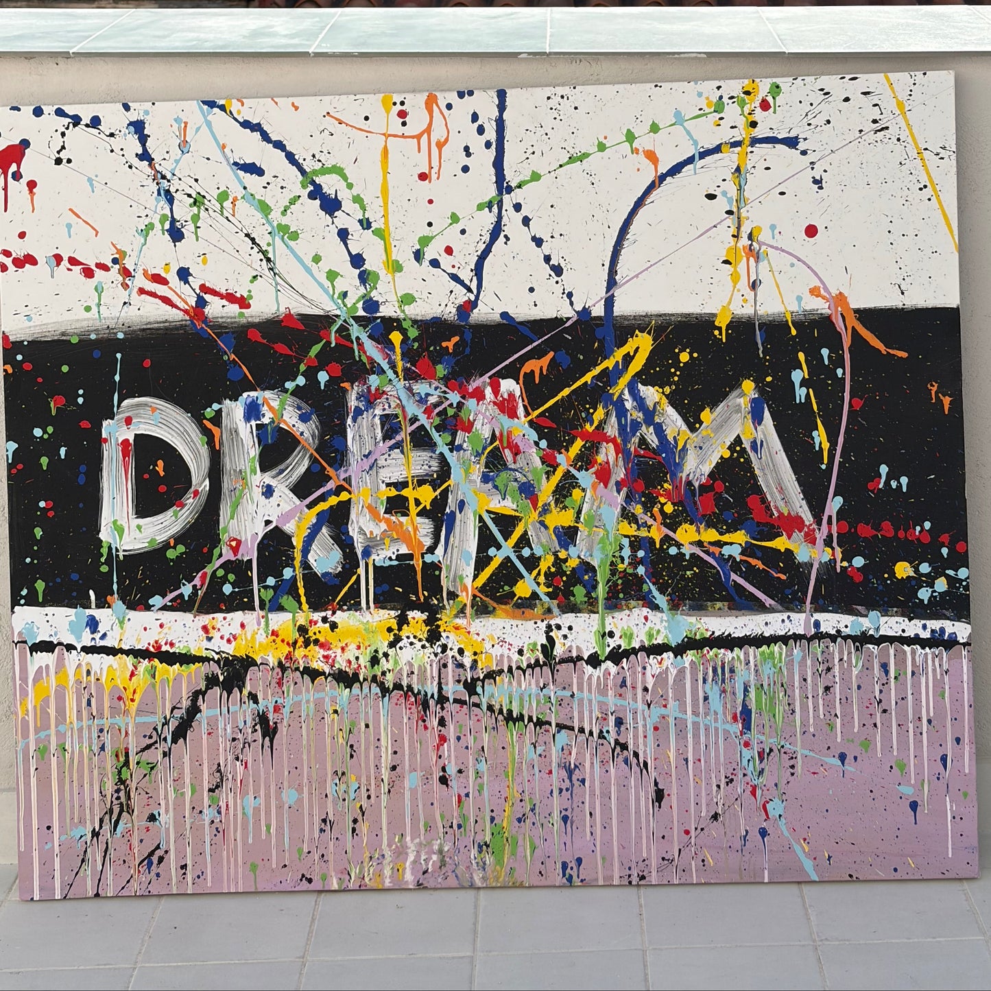 Large colorful abstract painting with word "DREAM" and bold splashes – Lily Glow Home Decor