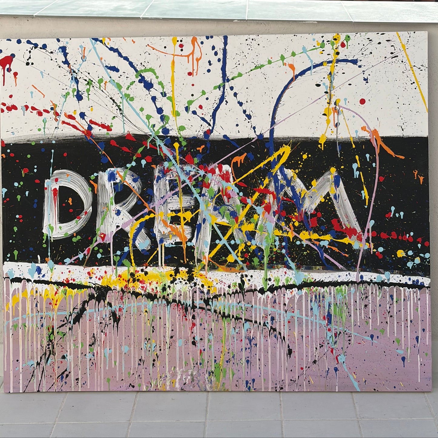 Large colorful abstract painting with word "DREAM" and bold splashes – Lily Glow Home Decor