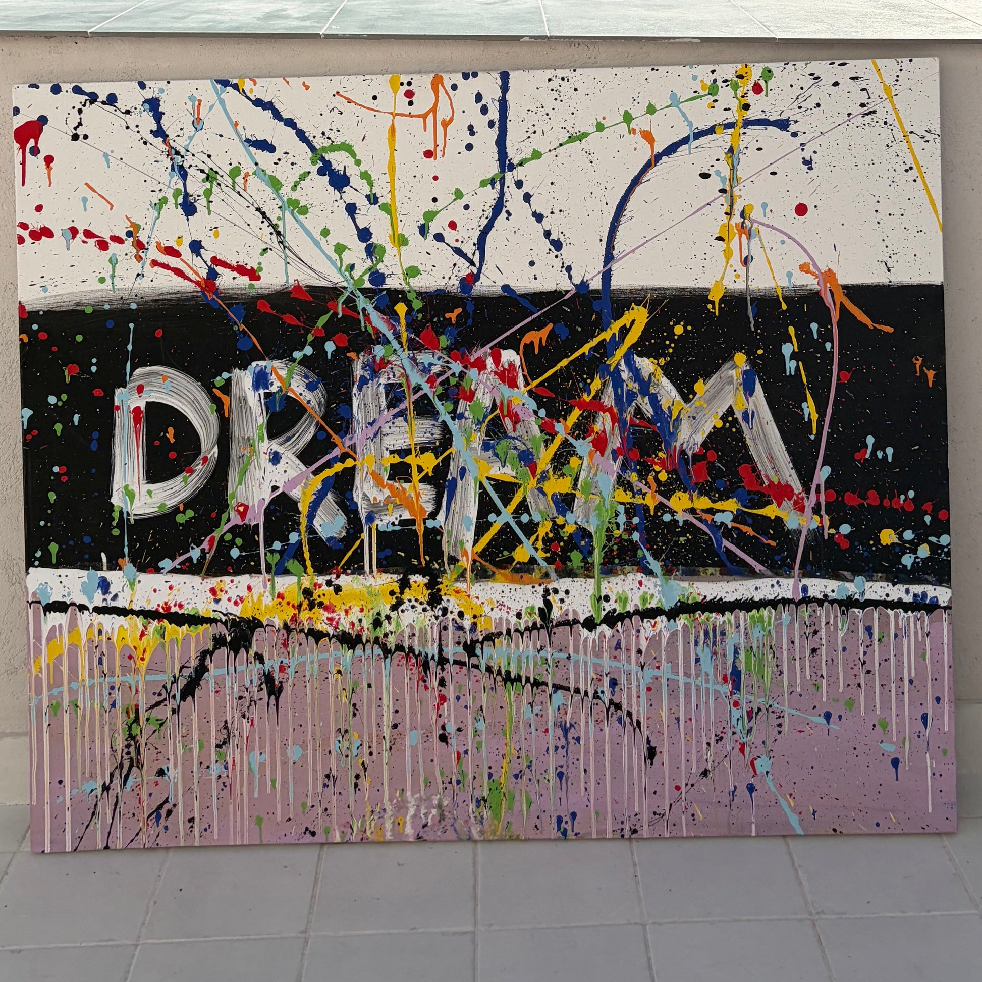 Large colorful abstract painting with word "DREAM" and bold splashes – Lily Glow Home Decor