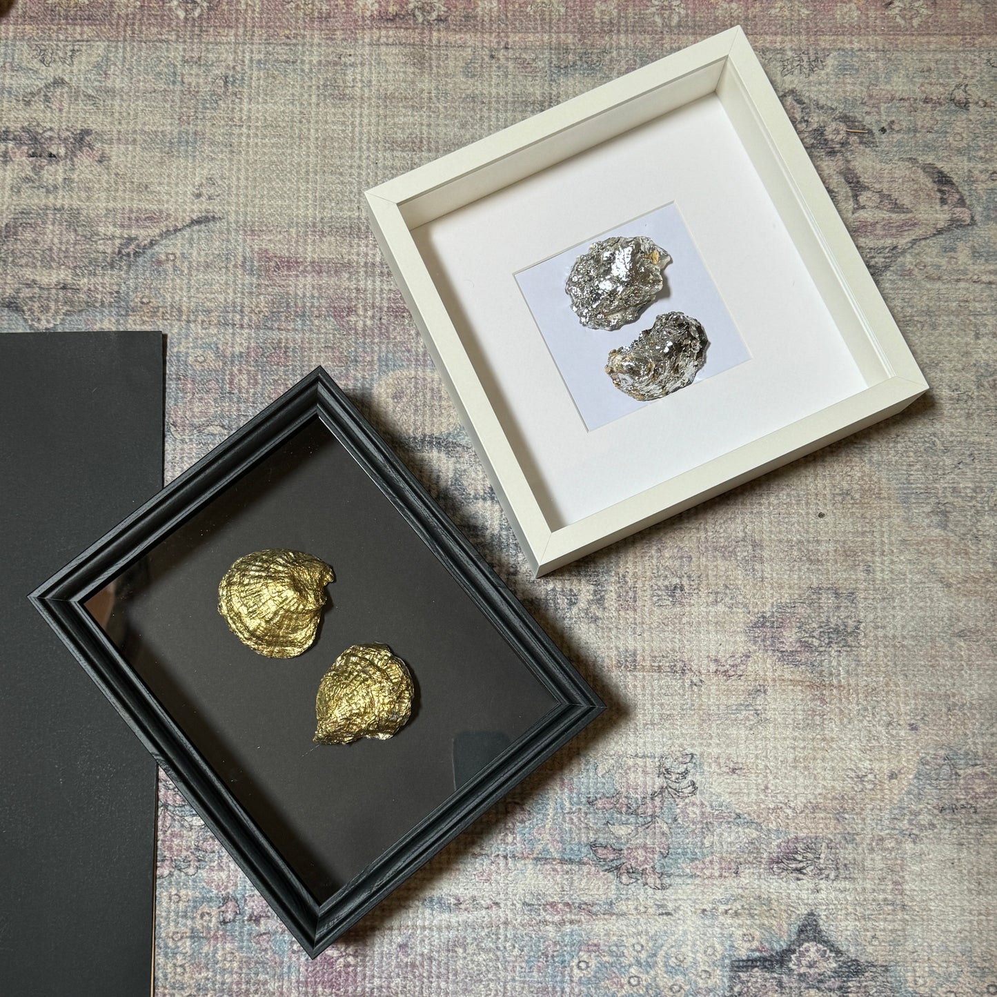 Two gold oyster shells in black wooden frame – Lily Glow Home Decor