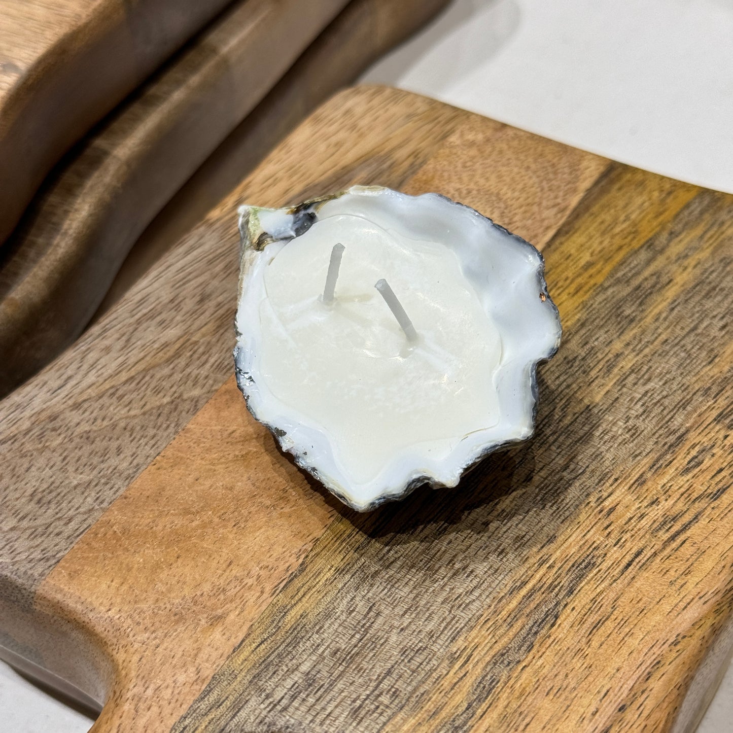 Elegant seashell candle with silver finish on wood tray – Lily Glow Home Decor