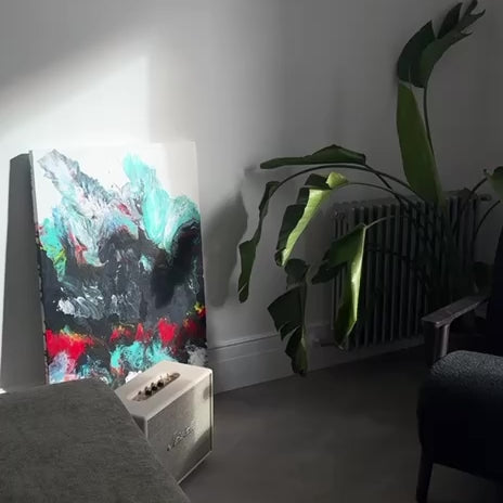 Abstract fluid art painting in black, red, turquoise, and white tones – Lily Glow Home Decor